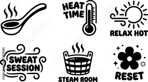 Black and white sauna icons heat time sweat session steam room and reset vector art