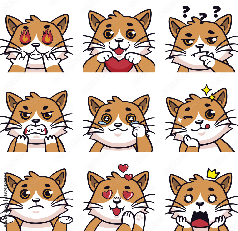 Fototapeta premium Cute Brown Cat Emoji Set – Kawaii Cat Expressions Cartoon Vector Pack