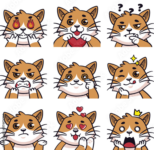 Cute Brown Cat Emoji Set – Kawaii Cat Expressions Cartoon Vector Pack