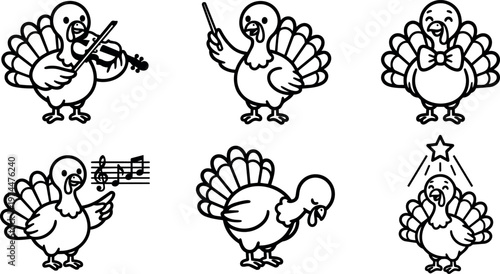 Black and white line art turkeys playing violin conducting and bowtie for thanksgiving