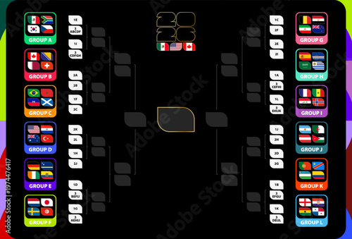 Football Tournament knockout stage bracket with all 12 group icon cards, match slots, and host nation flags.