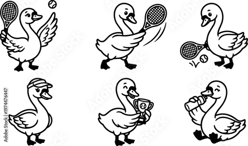 Black and white line art ducks playing tennis holding racket trophy and bottle