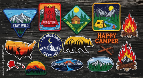 Diverse collection of embroidered patches featuring mountains, forests, campfires, and outdoor adventure themes, ideal for nature lovers and travel enthusiasts