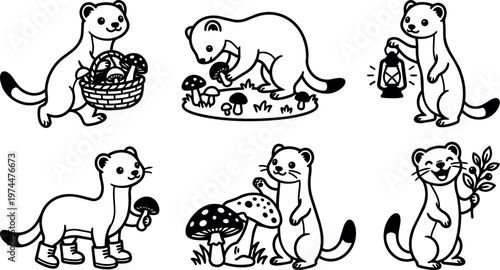 Ferrets holding mushrooms basket lantern and branch