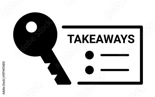 Black icon of key takeaways next to document with bullet points. Critical information summary. Essential findings and main lesson learned for business presentation or report. Vector illustration