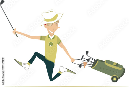 Cheerful golfer man in the hat runs to play golf