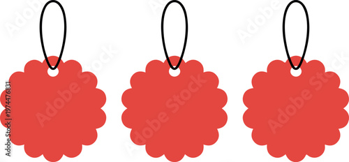 Set of three red circle scalloped price tags with black hanging strings, round decorative labels for retail sale and product promotion