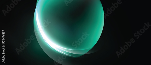 Dark background features glowing teal orb. Bright white arc highlights curvature, creating futuristic impression. Smooth gradients define shape.