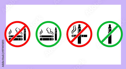 Clear visual symbols for smoking and vaping regulations, featuring forbidden red circles and permitted green indicators for designated areas and public spaces