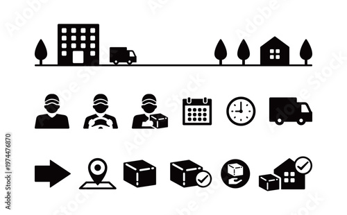 物流・運送業・トラックのアイコンイラスト素材セット