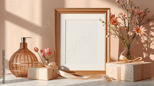 Decorative frame with gifts and flowers on table with sunlight shadows