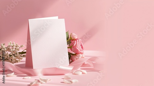Blank card with roses and ribbon on a pink surface