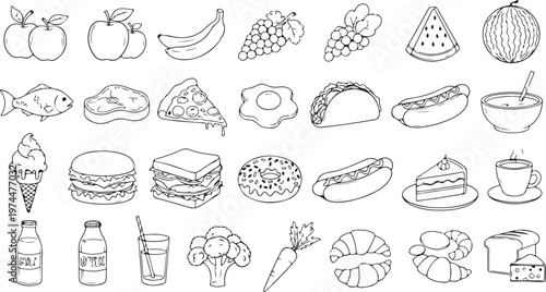 Collection of hand-drawn food items on transparent background for design elements.