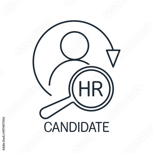 Human resources and hiring . Profile of candidate  online and magnifier to  selected candidate for vacancy.Vector linear icon illustration isolated on white background.