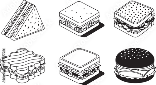 Isometric sandwiches and burger on transparent background, fast food icons.