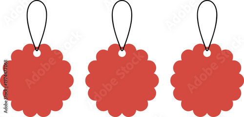 Set of three red circle scalloped price tags with black hanging strings, round decorative labels for retail sale and product promotion
