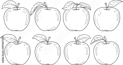 Collection of hand-drawn apple illustrations with leaves and stems on transparent background.