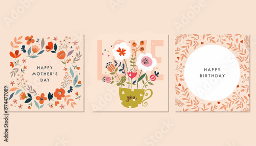 Beautiful floral illustrations celebrating Mother's Day and birthdays, perfect for greeting cards and warm wishes
