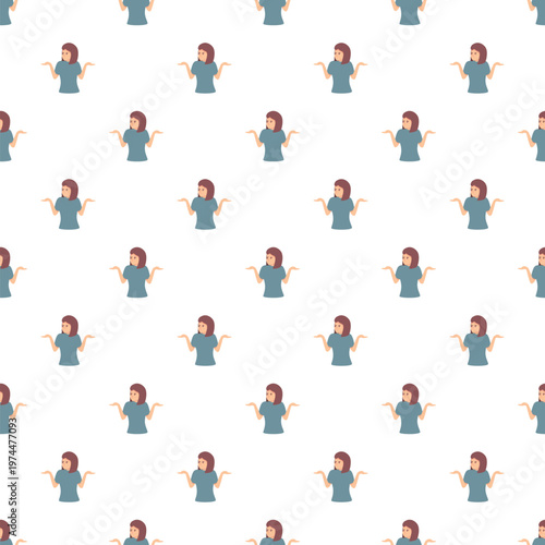 Woman shrugging with open arms expressing uncertainty and confusion in a seamless pattern
