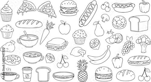 collection of hand drawn food and drink items for graphic design use.