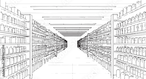 Wireframe grocery store aisle with shelves full of bottles and jars perspective view.