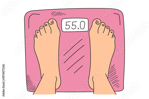 Feet on scales doodle vector isolated. Hand-drawn illustration of weight measure. Idea of healthy diet, fat loss and weight control. Obesity control.
