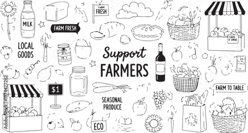Hand drawn farm fresh produce and support farmers elements on transparent background.