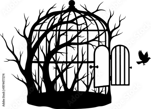 Conceptual Silhouette of Open Birdcage with Interior Tree and Escaping Bird Metaphor for Freedom Liberation and New Beginnings Vector Illustration
