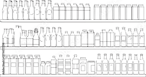 Outline illustration of various bottles and cartons on shelves in grocery store.