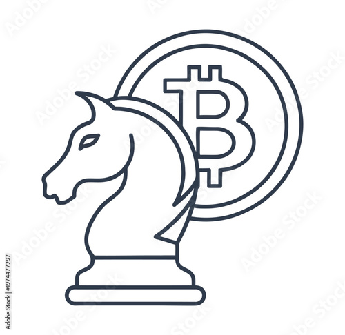 Vector featuring a knight chess piece overlaid with a circular bitcoin icon symbol