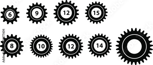 Black industrial gear silhouettes set with various tooth counts and sizes, mechanical engineering icons for technical design, machinery parts, and industrial process concepts