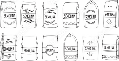 Set of semolina flour packaging designs in various styles and patterns.