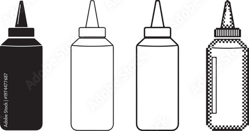 Collection of four cartoon-style squeeze bottles for condiments and sauces, presented on a checkered background.