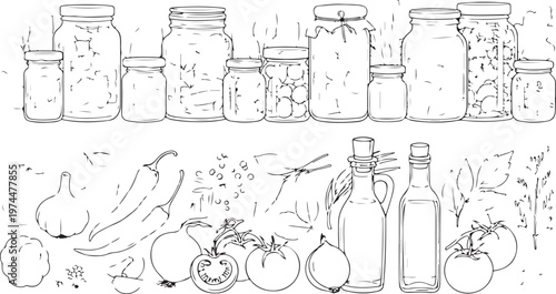 Collection of illustrated jars filled with food and various vegetables and bottles.