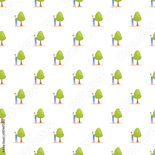 Gardener pruning a tree with garden shears, creating a repeating pattern