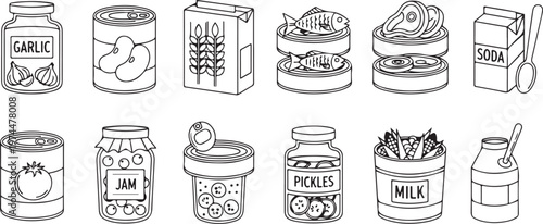 Set of grocery items in line art style on a transparent background.