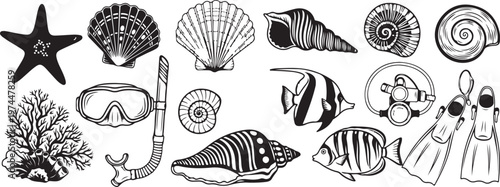 Nautical sea life collection with seashells starfish tropical fish coral and diving equipment icons.