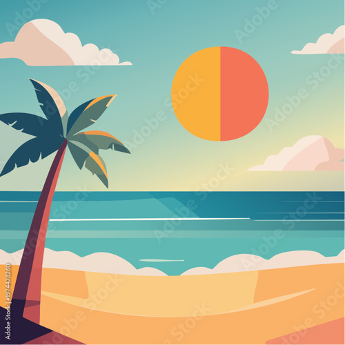 Scène de Plage Tropicale avec Palmier et Soleil d'Été Géométrique
