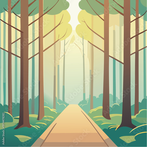 Chemin en Forêt Géométrique dans la Brume du Matin
