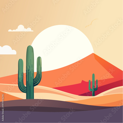 Désert au Crépuscule avec Cactus Solitaire et Dunes de Sable
