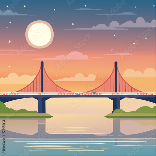 Pont sur la Rivière au Crépuscule avec Reflets de la Ville dans l'Eau
