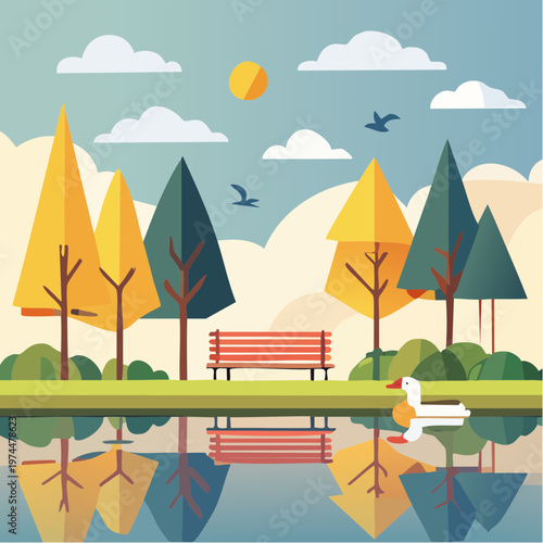 Parc Urbain avec Banc, Mare aux Canards et Arbres Géométriques
