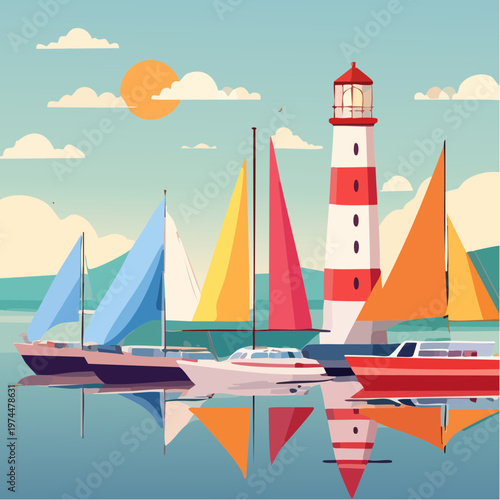 Marina avec Voiliers Colorés et Phare Géométrique en Arrière-Plan
