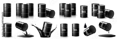 Set of oil barrels isolated on white background. Metal oil barrels in black oil splash. Black liquid oil flowing from steel black barrel. Petroleum Barrel. Realistic 3d vector icon illustration