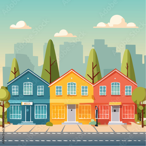 Rue de Quartier Résidentiel avec Maisons Colorées et Boîtes aux Lettres
