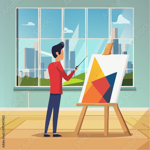 Artiste Peintre dans son Atelier Lumineux avec Œuvres Géométriques aux Murs
