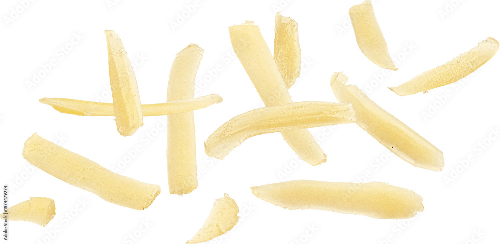 Naklejka premium Falling grated cheese macro isolated on white background