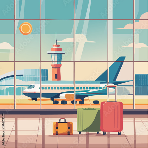 Aéroport au Départ avec Avion, Bagages et Terminal Géométrique
