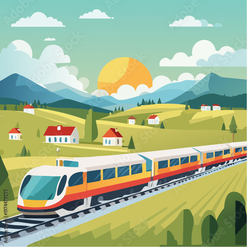 Voyage en Train à Travers la Campagne avec Champs et Petits Villages
