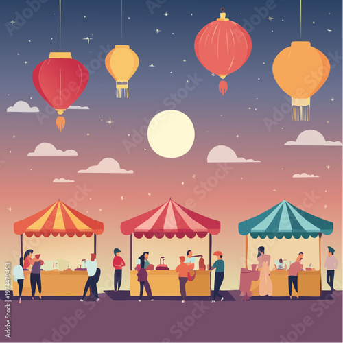 Marché Nocturne Asiatique avec Lanternes Géométriques et Étals de Nourriture
